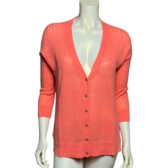 JCP Women's Coral Pink Ribbed Button Front Cardigan Sweater Cotton Blend Size M - Picture 1 of 9